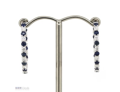14K WHITE GOLD, BLUE SAPPHIRE AND DIAMOND, HOOP EA...
