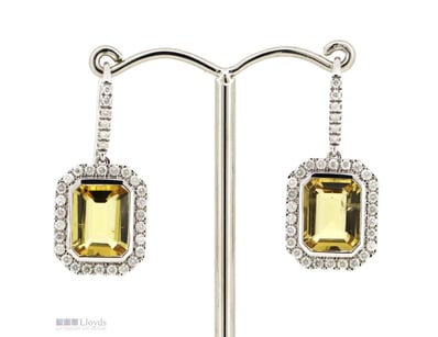 14K WHITE GOLD, HELIODOR AND DIAMOND, HALO DROP EA...