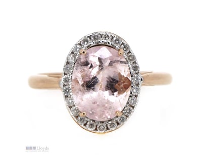14K ROSE GOLD, MORGANITE AND DIAMOND, HALO RING.  ...