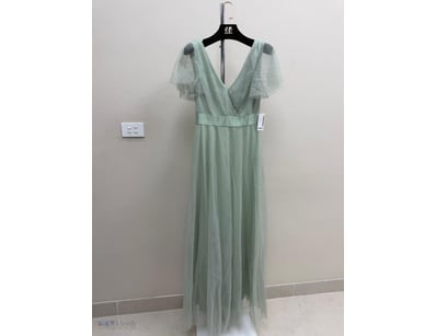 SAGE GREEN TULLE EVENING GOWN WITH FLUTTER SLEEVES...