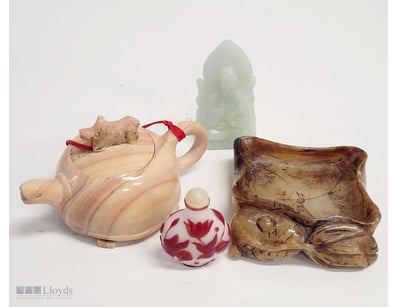 JADE CARVING, CELADON TEAPOT, PORCELAIN ORNAMENT, ...