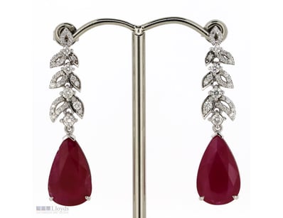 14K WHITE GOLD, RUBY AND DIAMOND, DROP EARRINGS.  ...