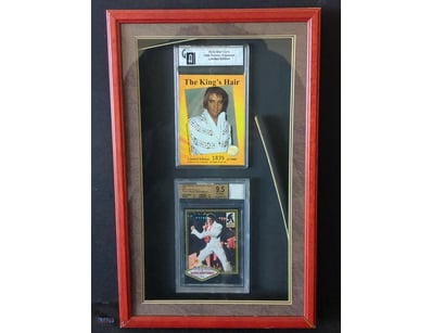 ELVIS HAIR CARD & TRADING CARD FRAMED DISPLAY SET....