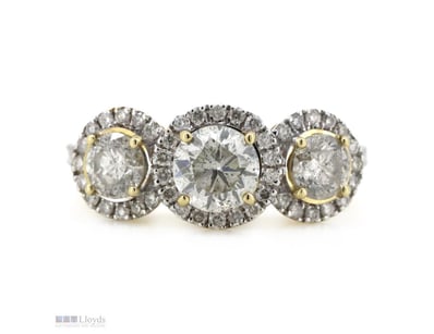 14K YELLOW GOLD AND DIAMOND, TRILOGY HALO RING.   ...