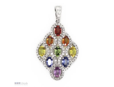 14K WHITE GOLD, MULTI-COLOURED SAPPHIRE AND DIAMON...