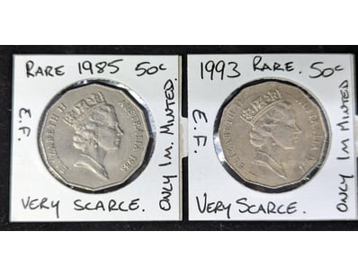 TWO LOW MINTAGE AUSTRALIAN FIFTY CENT COINS, 1985 ...