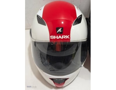 White and red Shark motorcycle helmet.

Note: si...