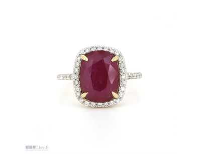 14K YELLOW GOLD, RUBY AND DIAMOND, HALO RING.     ...