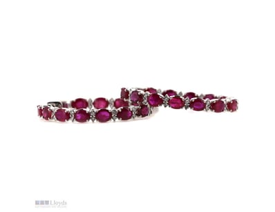 14K WHITE GOLD, RUBY AND DIAMOND, HOOP EARRINGS.  ...