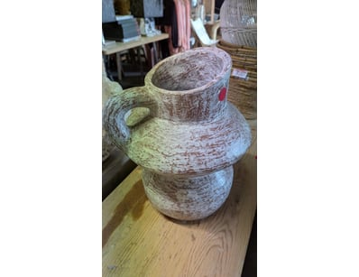 Rustic ceramic pitcher with distressed whitewashed...