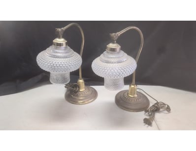 PAIR OF BRASS AND HOBNAIL GLASS DESK LAMPS WITH SI...