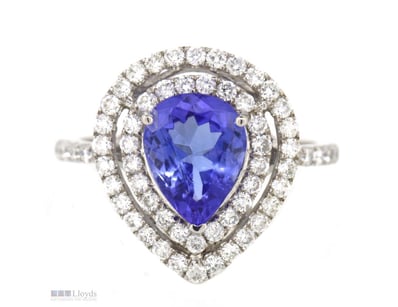 14K WHITE GOLD, TANZANITE AND DIAMOND, DOUBLE HALO...