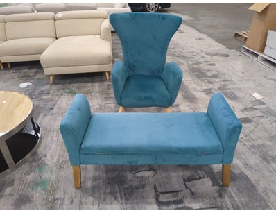Velvet Turquoise Armchair And Ottoman Set With Woo...