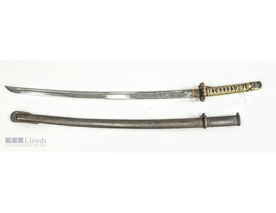 JAPANESE KATANA SWORD WITH BRASS-WRAPPED HANDLE AN...