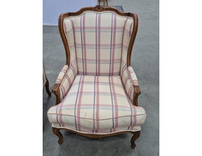Chair, timber style, cream and red and blue and gr...