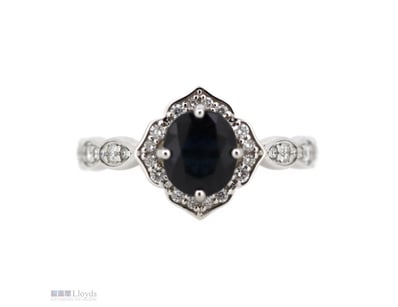 14K WHITE GOLD, BLUE SAPPHIRE AND DIAMOND, HALO RI...