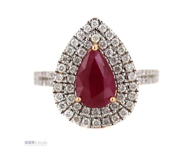 14K ROSE GOLD, RUBY AND DIAMOND, DOUBLE HALO RING....