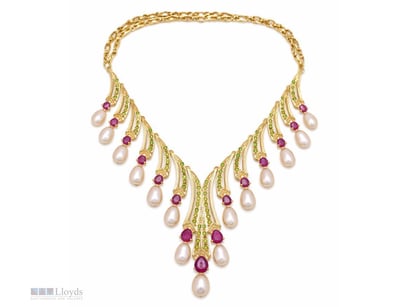 NATURAL RUBY, TSAVORITE & PEARL NECKLACE ON 925 SI...