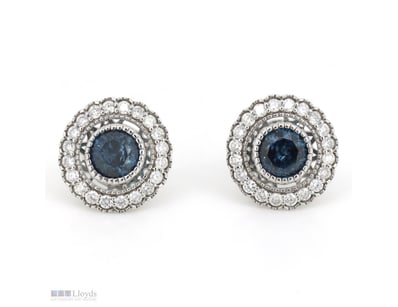 14K WHITE GOLD, BLUE DIAMOND AND DIAMOND, HALO EAR...