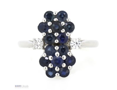 14K WHITE GOLD, BLUE SAPPHIRE AND DIAMOND, FLOWER ...