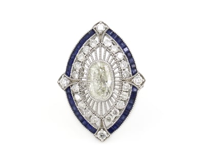 14K WHITE GOLD, BLUE SAPPHIRE AND DIAMOND, ART DEC...