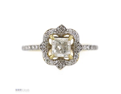 14K YELLOW GOLD AND DIAMOND, ANTIQUE INSPIRED HALO...