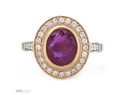 14K ROSE/WHITE GOLD, RUBY AND DIAMOND, HALO RING. ...