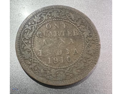 1910 BRISTISH INDIA ONE QUARTER COPPER ANNA RARE  ...
