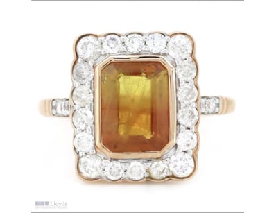 14K ROSE GOLD, ORANGE SAPPHIRE AND DIAMOND, HALO R...