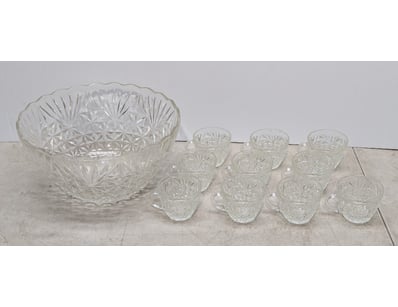 Crystal punch bowl with matching cups, bowl size: ...