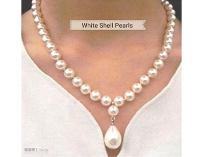 WHITE SEA SHELL 8MM PEARL NECKLACE WITH 16MM PENDA...