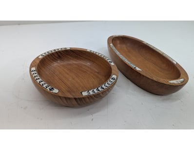 COLLECTION OF WOODEN BOWLS  WITH SHELL INLAY DECOR...