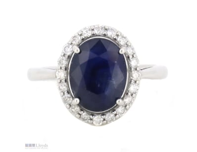 14K WHITE GOLD, BLUE SAPPHIRE AND DIAMOND, HALO RI...