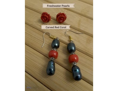 BLACK FRESHWATER PEARL AND RED CORAL DROP EARRINGS...