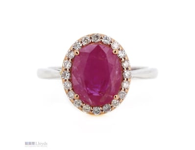 14K ROSE/WHITE GOLD, RUBY AND DIAMOND, HALO RING. ...