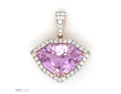 14K ROSE GOLD, 22CT KUNZITE AND DIAMOND, HALO PEND...