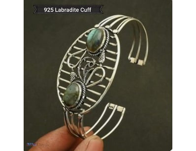 925 SILVER ETHNIC HANDMADE CUFF BANGLE WITH LABRAD...