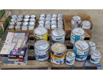 Pallet Lot of paint, brands include Dulux, Cabots,...