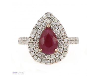 14K ROSE GOLD, RUBY AND DIAMOND, DOUBLE HALO RING....