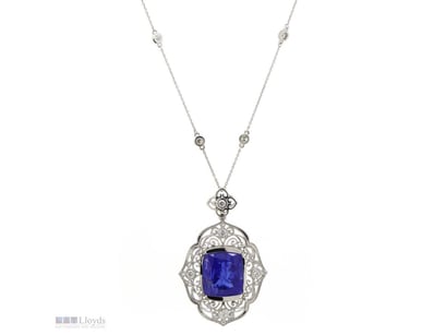 14K WHITE GOLD, 16.44CT TANZANITE AND DIAMOND, ORN...