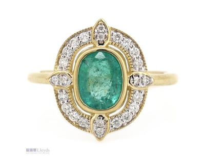 14K YELLOW GOLD, EMERALD AND DIAMOND, HALO RING.  ...