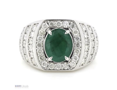 14K WHITE GOLD, EMERALD AND DIAMOND, GENTS RING.  ...