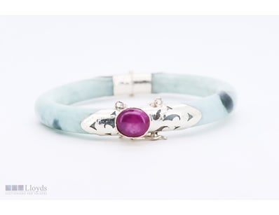 NATURAL JADEITE & NATURAL RUBY BANGLE ON 925 SILVE...