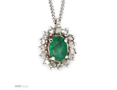 9K WHITE GOLD, NATURAL EMERALD AND DIAMOND, HALO P...