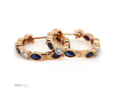 14K ROSE GOLD, BLUE SAPPHIRE AND DIAMOND, HOOP EAR...