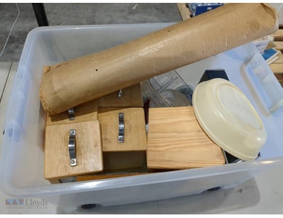 Assorted items inc; coffee & tea containers, scale...