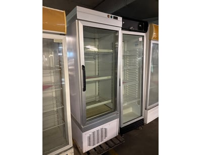 Single glass door refrigerator with white exterior...
