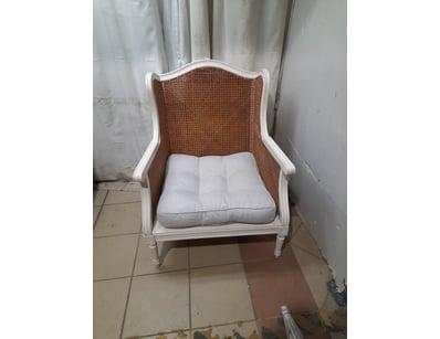 Rattan chair, natural and white finish with grey c...
