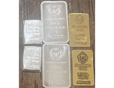 1/100 SCOTTDALE GOLD BAR X 2, 1 GRAM VALCUMBI SILV...