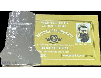 RARE 2016 "NED KELLY" HELMET INGOT, 999 FINE SILVE...